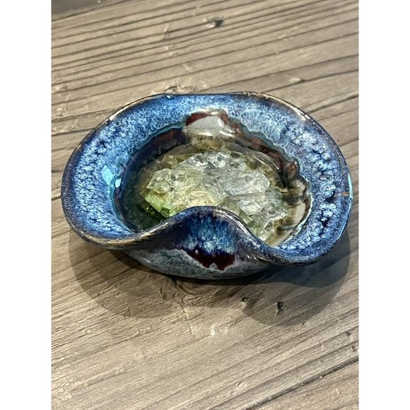 Studio Art Pottery Blue/Crystal Heart Shaped Glazed Trinket Dish Blues n Greens - Picture 3 of 5